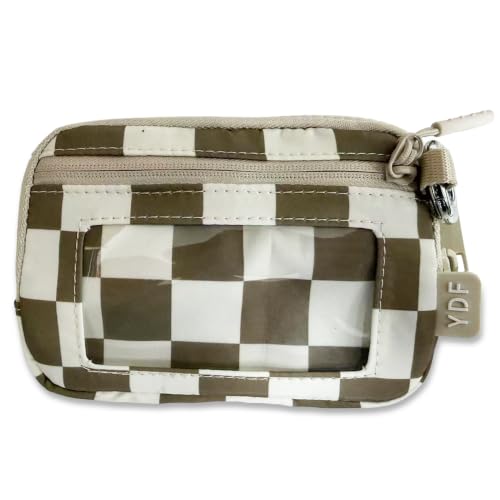 YDF The Iris Wallet for Women Mini Zip Card Case with Clear ID Window Zipper Coin Purse Lightweight Portable Keychain Wallet (Khaki Checkerboard) - color: Khaki Checkerboard