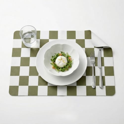 Set of 6 Checkerboard Non-Slip Washable Placemats for Dining Table - color: Olive Green