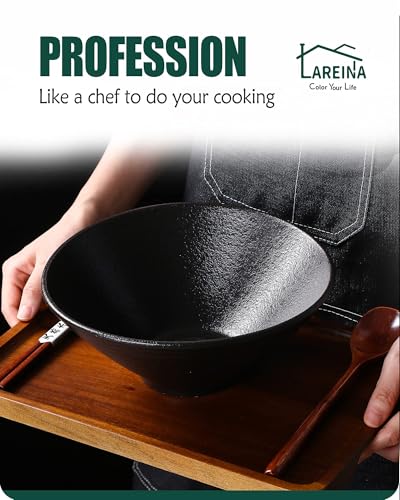 Lareina Ceramic Japanese Ramen Bowls, 2 Sets (6 Piece) 60 Ounce, Large Noodle Soup Bowl with Matching Chopsticks and Spoons for Asian Pho Udon Soba, Matting Black - color: Matting Black