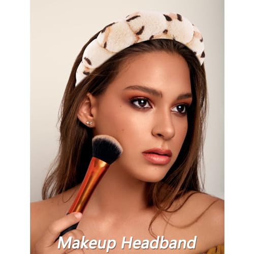VELSCRUN Spa Headbands for Wash Face, Makeup Headband, Facial Skincare Headbands, 5 Pcs Brown Leopard Puffy Sponge Spa Headband Bow Tie Hair Band Hair Clips Wristband Set Women Girls Accessories - color: Brown Leopard