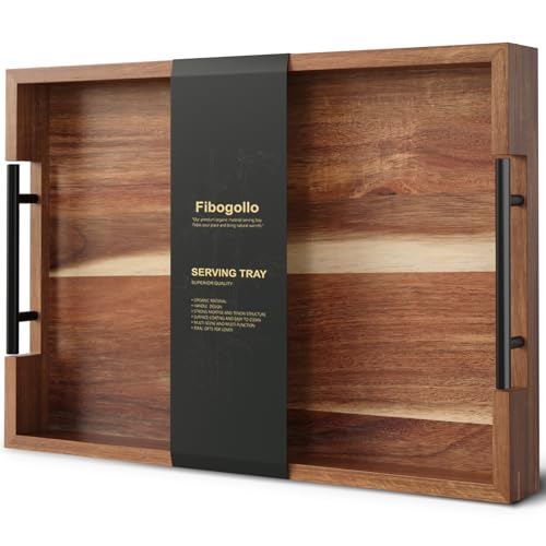 Fibogollo Acacia Wood Serving Tray with Metal Handles,17x12in Ottoman Decorative Trays Platter for Coffee Table,Living Room,Bar,Party(Large) - size: 16.9" x 11.8" x 2"