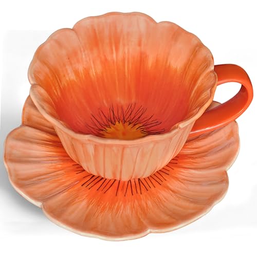 10 oz Tea Cups and Saucers, Ceramic Flower-shaped Cappuccino Cup, Latte Cup and Saucer set, elegant floral Espresso Cup set, Suitable for microwave and dishwasher-Orange - color: Orange