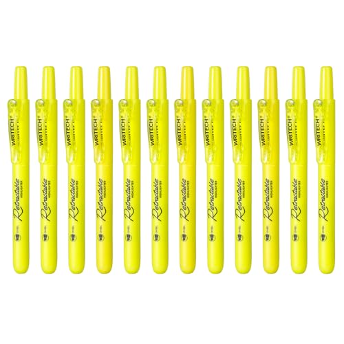 WRITECH Retractable Highlighters Chisel Tip: 12ct Fluorescent Yellow Ink - color: Yellow, size: 1 Count (Pack of 12)