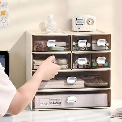 Desktop Storage Drawers, Plastic Countertop Printer Paper Organizer - color: 2 Large Drawers, Cream