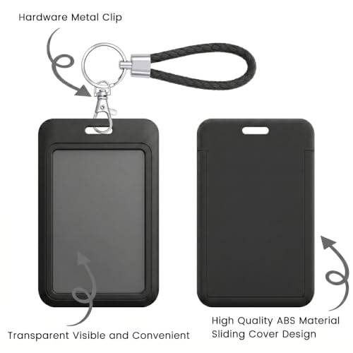 ID Card Badge Holder Key Chain with Metal Keyring, Plastic Slide Open with ID Window for Women Men Girls Students - color: Pure Black