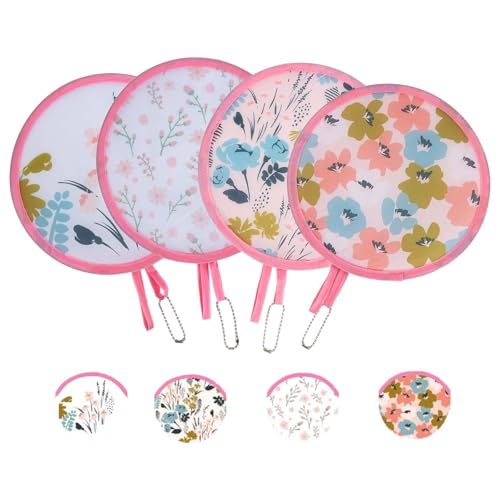 4 Pcs Round Foldable Hand Fans, 4 Styles Handheld Fans Cooling Foldable, Round Japanese Folding Fans Handheld for Indoor Outdoor Travel, Events, Festival, Party Decoration (Pink flowers) - color: Pink flowers