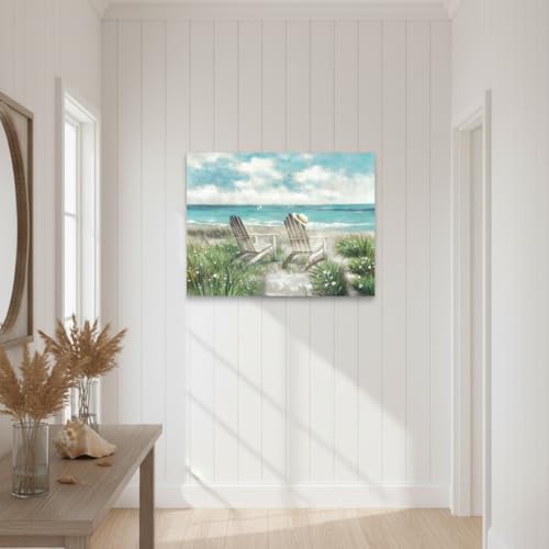 Beach Canvas Wall Art Picture: Ocean Sea Painting Decor Coastal Chair Seaside Grass Artwork Wave Seascape Scene Print for Bathroom Bedroom - color: Beach Chair, size: 24"L x 18"W