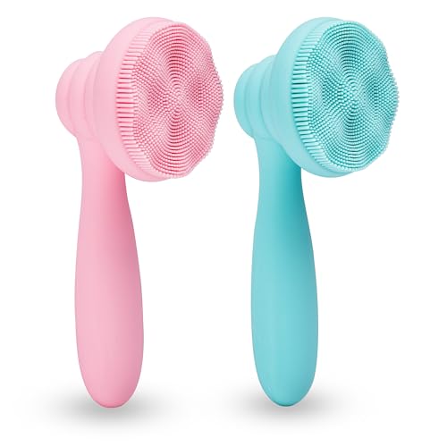 MtBoi 2 PC Silicone Facial Cleansing Brush Facial Scrubber Manual Exfoliating Facial Brush Face Cleanser Face Exfoliator Ultrafine Bristles for Sensitive Skin Easy to Clean Lather Well (Pink&Green) - color: Pink&green