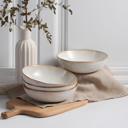 HaWare Cereal Bowls, 26oz Stoneware Serving Bowls Set of 4, for Salad Pasta - color: Reactive Pearl White