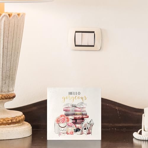 Coquette Pink and Black Room Decor, Hello Gorgeous Wooden Box Sign, Pink Girly Wood Signs for Home Dorm Apartment Desk Table Shelf Decor, 5x5 Inch - color: B-Hello Gorgeous