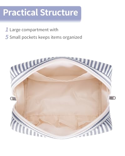 Narwey Makeup Bag Travel Toiletry Bag, Cosmetic Bag for Women Girls - color: A-Greyish Blue Stripe, style: Large