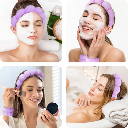 Spa Headbands for Washing Face Wristband Set Sponge Makeup Skincare Headband Wrist Towels Bubble Soft Terry Towel Cloth Hairband for Women Puffy Headwear Non Slip Thick Thin Hair Headwear (Purple) - color: Purple