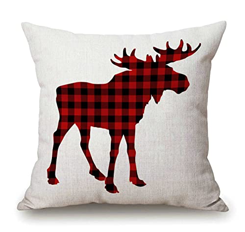 Solekla Moose Red and Black Chess Plaid Scottish Buffalo Cotton Linen Outdoor Pillow Cases Square Standard Cushion Covers for Sofa Couch Bed Car 18x18 inch - color: Sl221