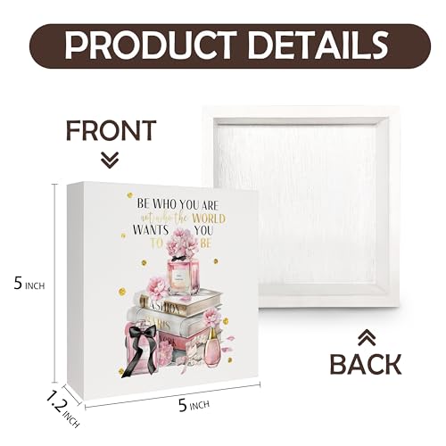 Coquette Pink and Gold Bathroom Decor, Be Who You are Inspirational Wooden Box Sign, Pink Girly Wood Signs for Girls Room Dorm Apartment Desk Table Shelf Decor, 5x5 Inch - color: B-Be Who You are