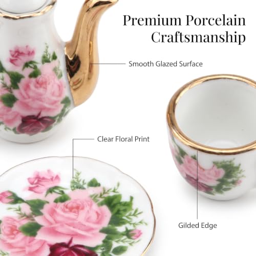 Miniature Tea Set 1/6 Scale Dollhouse Accessories Porcelain Big Rose - color: Big Rose