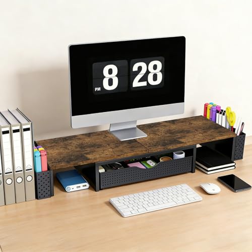 Spacrea Wood Dual Monitor Stand Riser with Drawer and 2 Pen Holders - color: Wood