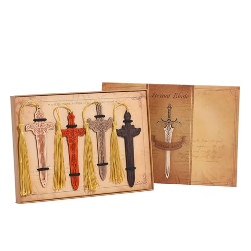 4 Pieces Sword Bookmarks with Tassel, Vintage Bookmarks for Reading, Personalized Wooden Bookmark, Unique Pattern Bookmark Engraved, Birthday Gift for Men, Women, Girls, Boys - color: Wooden Bookmark Gift Box