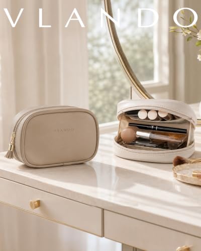 VLANDO Travel Makeup Pouch,PU Leather Pouch with Interior Pockets,Toffee - color: Small-Toffee