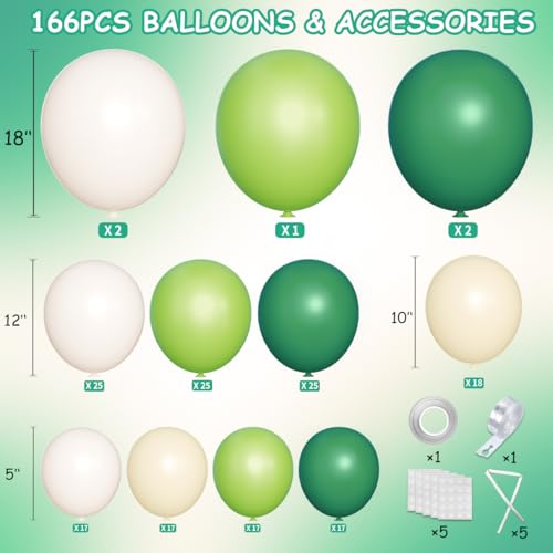 Dusty Green White Balloon Arch Kit, Dark Mint Green Ivory White Balloons - color: Green-white-ivory
