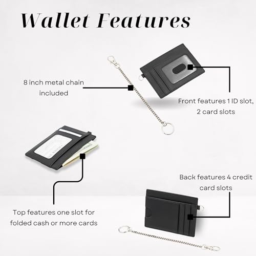 Leather Credit Card Holder with Keychain, Slim RFID Wallet (Black) - color: Black