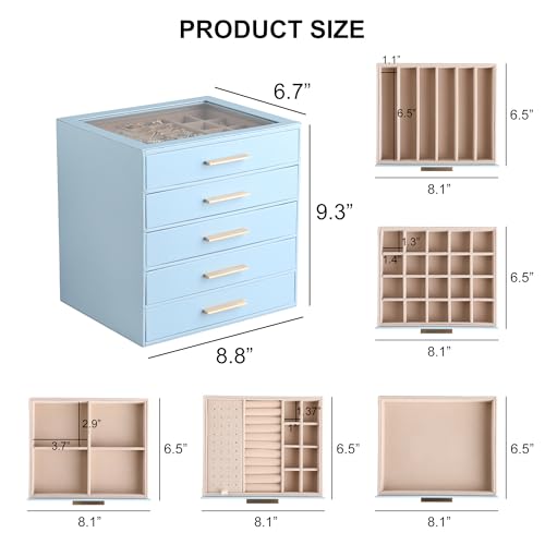 Frebeauty Jewelry Box for Women,Clear Lid Jewelry Organizer with 5 Drawers - color: Sky Blue, size: 5 Drawer