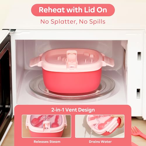Microwave Ramen Bowl with Lid,Built-In Utensils,Leakproof, BPA-Free,Pink. - color: Bright Pink, size: 50 oz (Single Bowl)