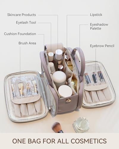 Prite Large Makeup Bag, Waterproof Travel Cosmetic Case with Brush Holder - color: Purple, size: Medium