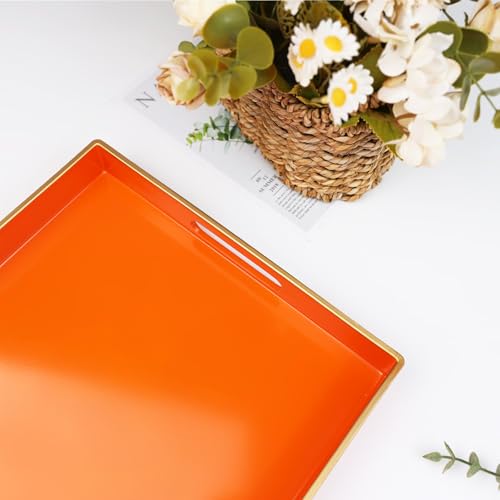 Spsyrine Orange Decorative Serving Tray with Handles, Elegant Plastic Coffee Table Tray for Ottoman, Living Room, Home Decor 15.6" X 10.2" - color: Orange