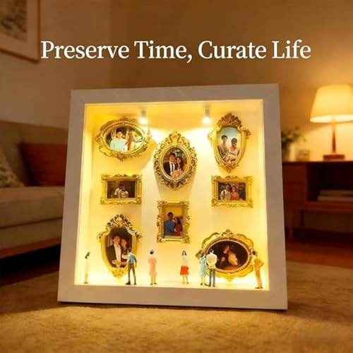 DIY Mini Gold Frames Silhouette Box, Upgrade Shadow Box , 10x10 Inch, with 8 Vintage Gold Mini Frames and 8 Handcrafted Figurines, for Anniversary, Wedding, Birthday and Home Decor (Wood Colour) - color: Wood Colour