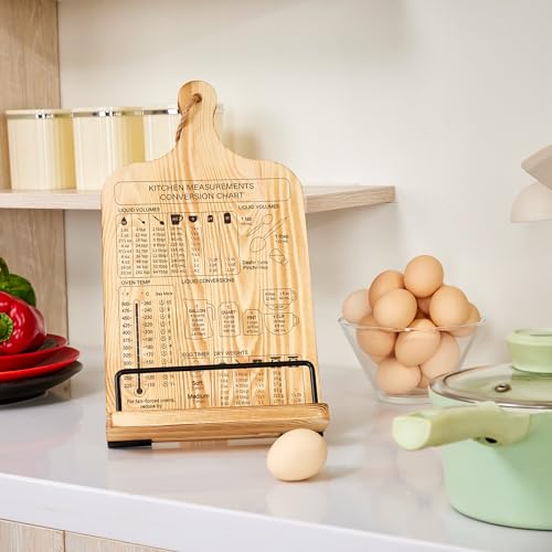 Housejoy Wooden Cookbook Stand for Kitchen with 2 Aprons&Conversion Chart