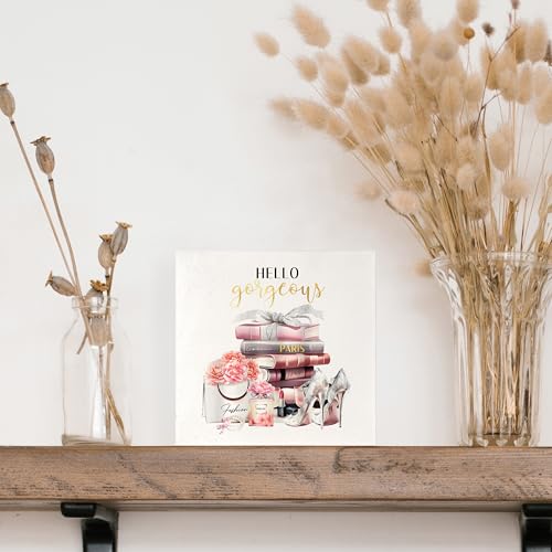 Coquette Pink and Black Room Decor, Hello Gorgeous Wooden Box Sign, Pink Girly Wood Signs for Home Dorm Apartment Desk Table Shelf Decor, 5x5 Inch - color: B-Hello Gorgeous
