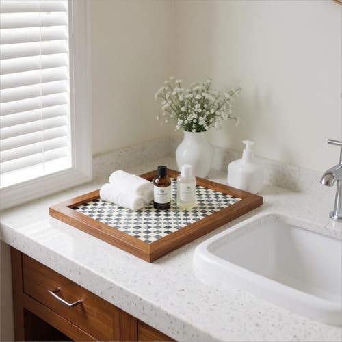 42x32CM Rectangle Mother of Pearl Checkerboard Wood Border Serving Tray - color: Checkerboard