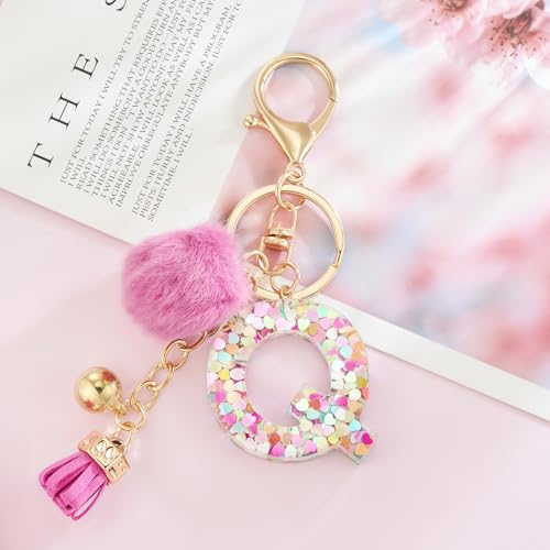 Resin Alphabet Initial Letter Keychain Keyring for Women Purse Handbags With Fur Ball Pom - color: Deep Pink Fur Ball Letter Q