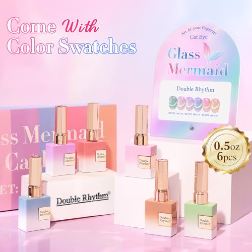 Double Rhythm Cat Eye Gel Nail Polish Set of 6 Same Color Same Bottle 0.5 Oz Shimmer Glitter with Magnet Holographic Reflective Magnetic UV Nail Polish Kit at Home (Mermaid Pink Rose-T6-31) - color: Glass Mermaid