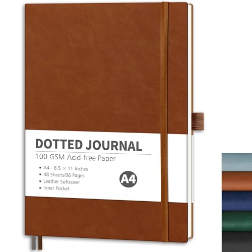 RETTACY Dotted Journal Notebook, 96 Pages, A4 Large Size (8.5'' x 11'') - color: Brown, style: Dotted