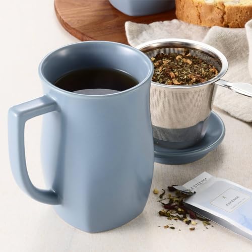 Tea Forte Ceramic Fiore Tea Cup with Infuser, Stone Blue, 14 oz - color: Stone Blue