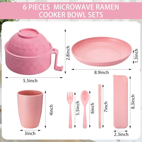 6 Pcs Microwave Ramen Cooker Set 40oz Bowl, Pink - color: Pink