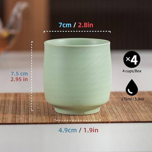 TEANAGOO Japanese Tea Cups, Chinese Tea Cup, 7.2Oz / 205 Ml, Ceramic Tea Cups for Adults, Ceramic Cups no Handles, Japanese Cups, Matcha Cup, Lt.Green, 4 Pcs/Box, H8 - color: Lt.Green, size: 7.2 fl oz (4-Count)