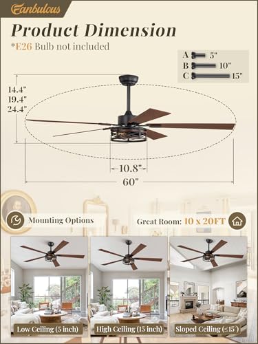 Fanbulous 60" Farmhouse Caged Ceiling Fan with Light & Remote, 6-Speed - color: Black and Walnut, size: 60 Inch