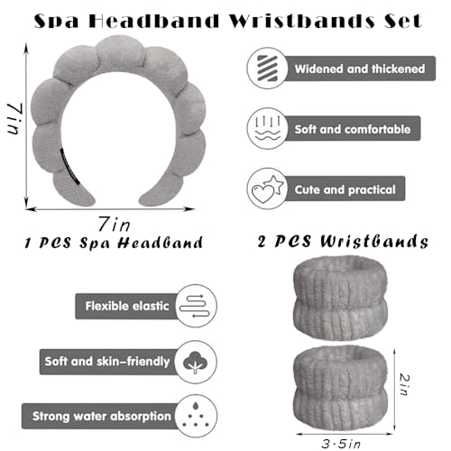 Spa Headbands for Washing Face Wristband Set Sponge Makeup Skincare Headband Wrist Towels Bubble Soft Terry Towel Cloth Hairband for Women Puffy Headwear Non Slip Thick Thin Hair Headwear (Dark gray) - color: Dark gray