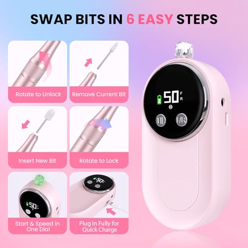 Electric Nail Drill 50000RPM, Professional Nail File Machine - color: Pastel Pink