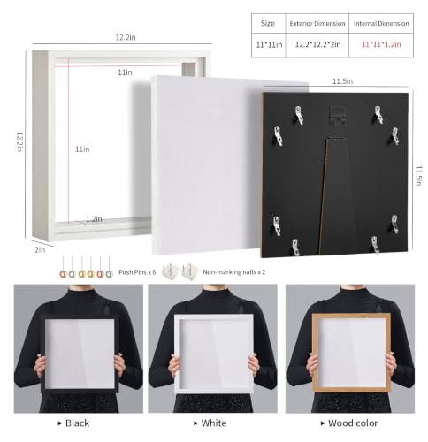 11x11 Shadow Box Picture Frame with Real Glass Panel and Linen Back - color: White + Thickened Panel + Foam Packaging, size: 11x11