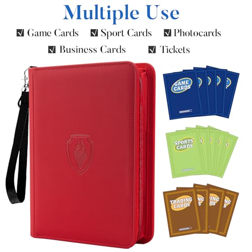 Fabmaker 4 Pocket Zip Card Binder, PU Trading Card Binder for 320 Cards - color: Red, size: 4 Pocket - 10.2" x 7.5"