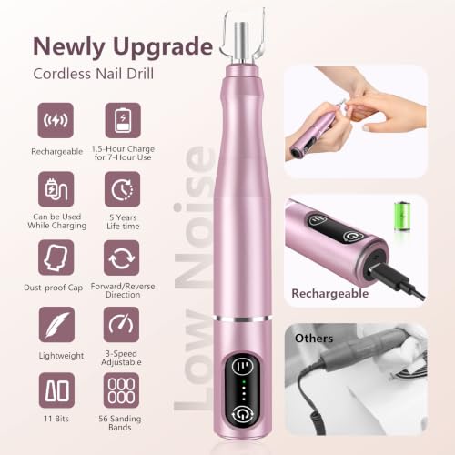 TUOBEO Cordless Nail Drill Electric Nail File Kit, Rechargeable Efile Set - color: Pink