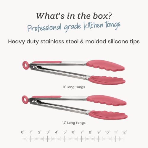 Starpack Get a Grip Silicone Kitchen Tongs (2-Pack, 9" + 12") - LFGB Non Toxic, 600°F Heat Resistant, BPA-Free - Heavy-Duty Stainless Steel, Locking - Dishwasher Safe for Nonstick Cookware - color: Earthy Pink, size: Set of 2 (9" & 12")