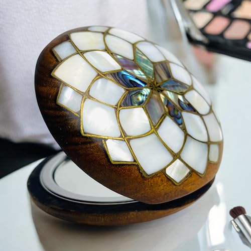 Handcrafted Natural Wooden Compact Mirror, Round Make Up Mirror with Mother of Pearl Inlay- Personalized Hand Mirror - color: Lotus