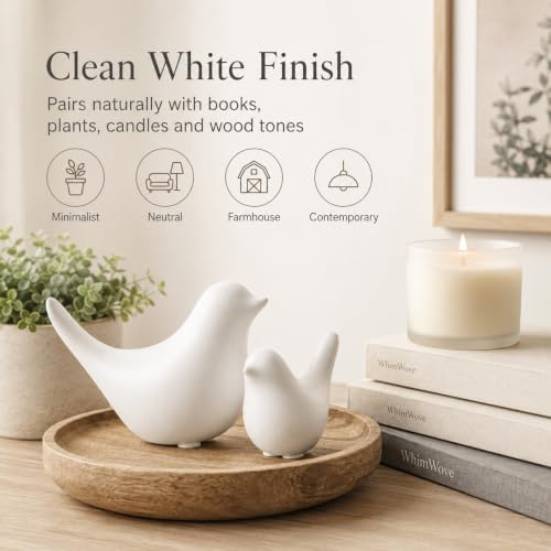 White Ceramic Bird Figurines and Statues, 2 Piece Bird Decor - color: White