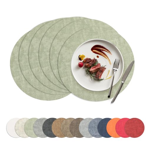 Placemats Set of 6, 15 Inch Round Faux Leather Place Mats - color: R-sage Green