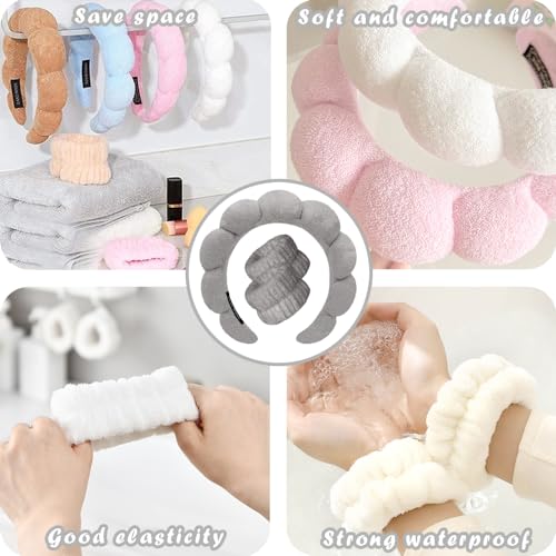 Spa Headbands for Washing Face Wristband Set Sponge Makeup Skincare Headband Wrist Towels Bubble Soft Terry Towel Cloth Hairband for Women Puffy Headwear Non Slip Thick Thin Hair Headwear (Dark gray) - color: Dark gray