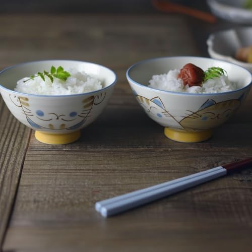 Japanese Rice Bowl Chawan set of 2 4.6" Cat Design MIKE Blue - color: Blue
